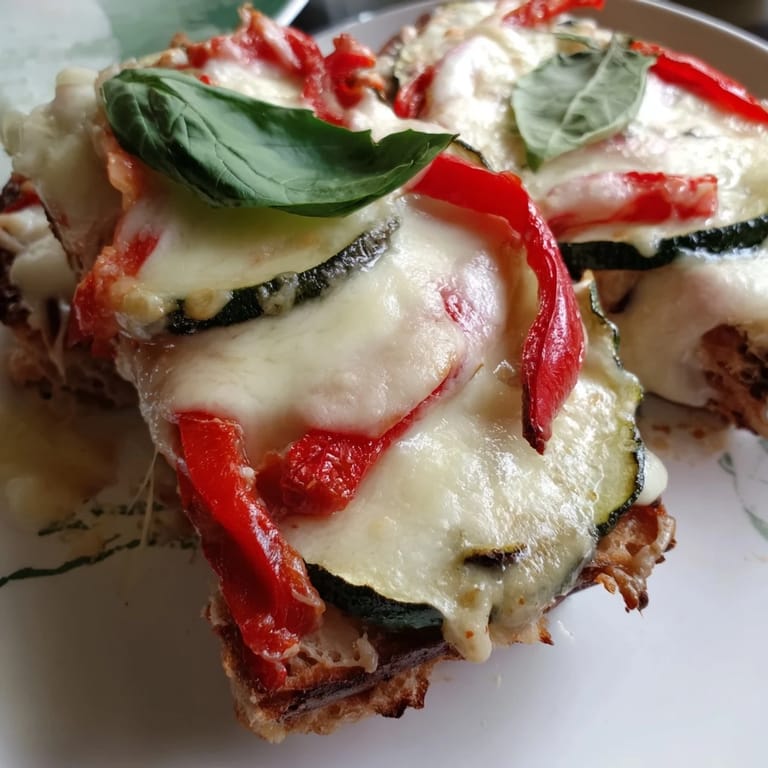 Thick slices of roasted vegetables, fresh basil, and melted mozzarella create a delicious vegetarian Roasted Veggie Caprese Grilled Cheese on a rustic cutting board.