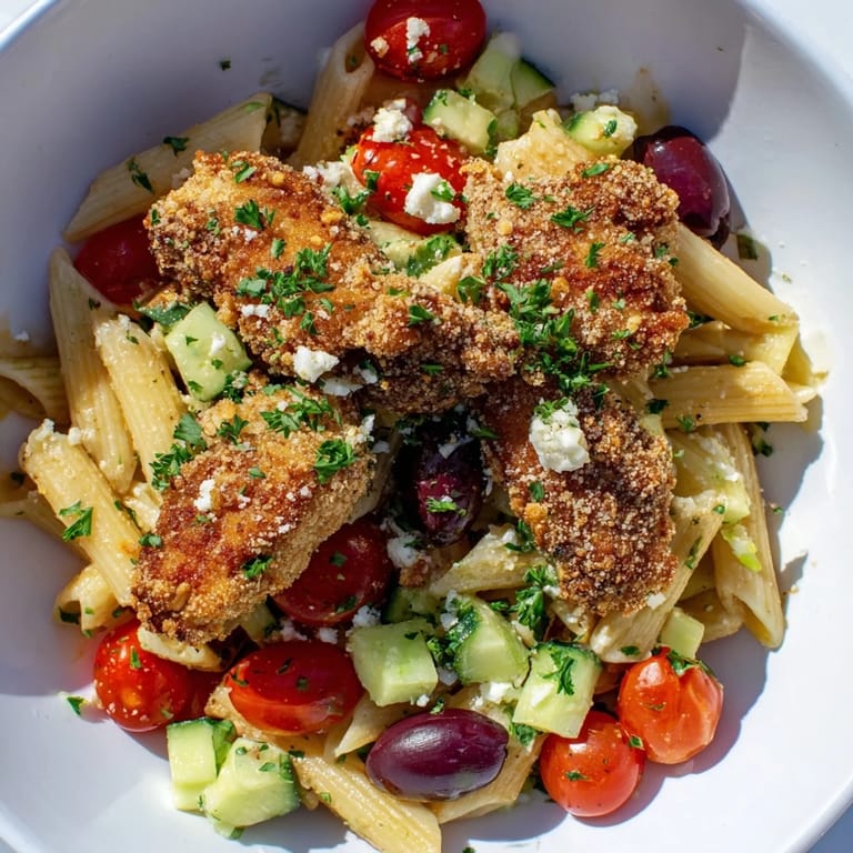Crispy Chicken Greek Pasta tossed with cucumber, red onion, and a bright Mediterranean dressing.
