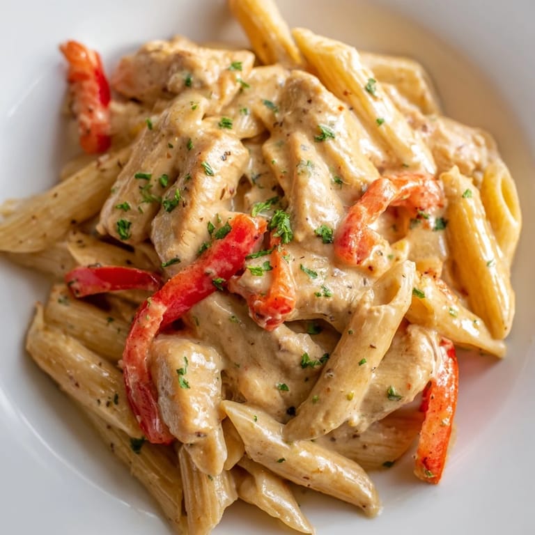 In this low-calorie version of Creamy Cajun Chicken Pasta Lite, colorful vegetables and Parmesan cheese enhance the savory, spicy, and creamy flavors.