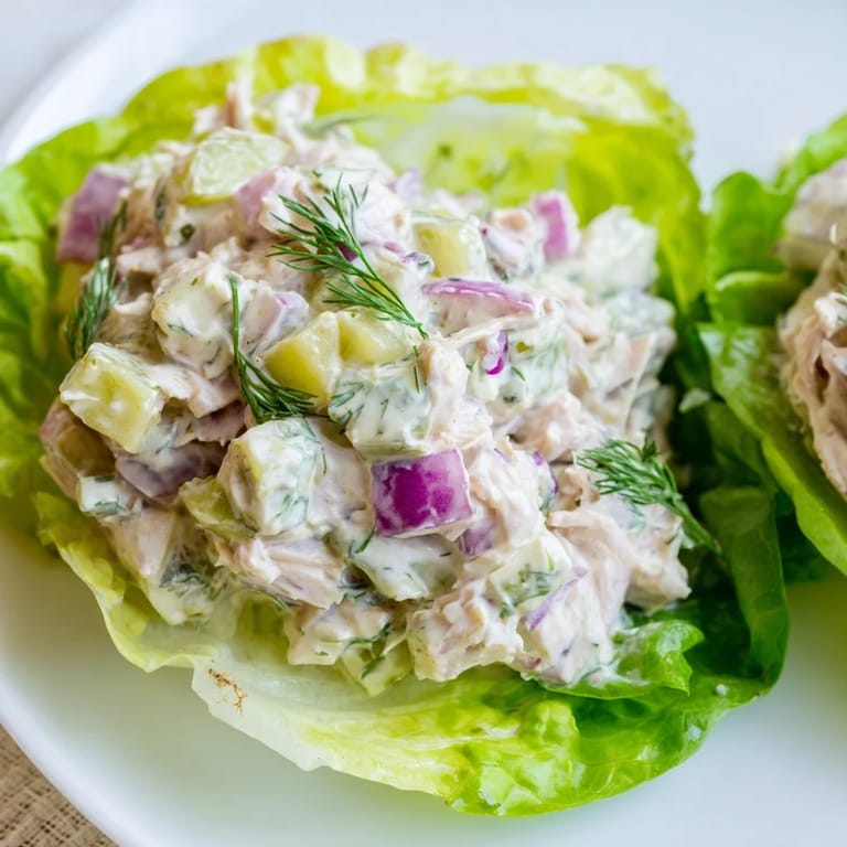 Ready to serve Dill Pickle Chicken Salad Lettuce Cups with chopped pickles, red onion, and fresh dill on cool lettuce leaves.