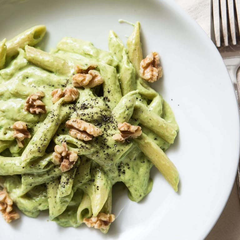 Warm Creamy Spinach Walnut Pasta plated beside a crisp salad, ready for a weeknight dinner.