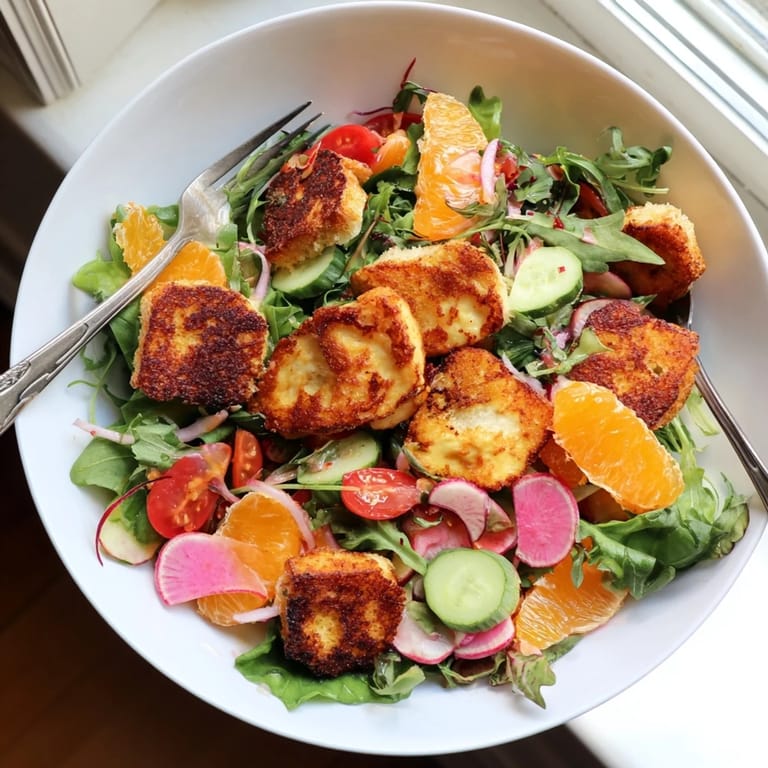 A close-up of warm halloumi and blood orange rounds mixed with fresh greens and crunchy sourdough croutons.