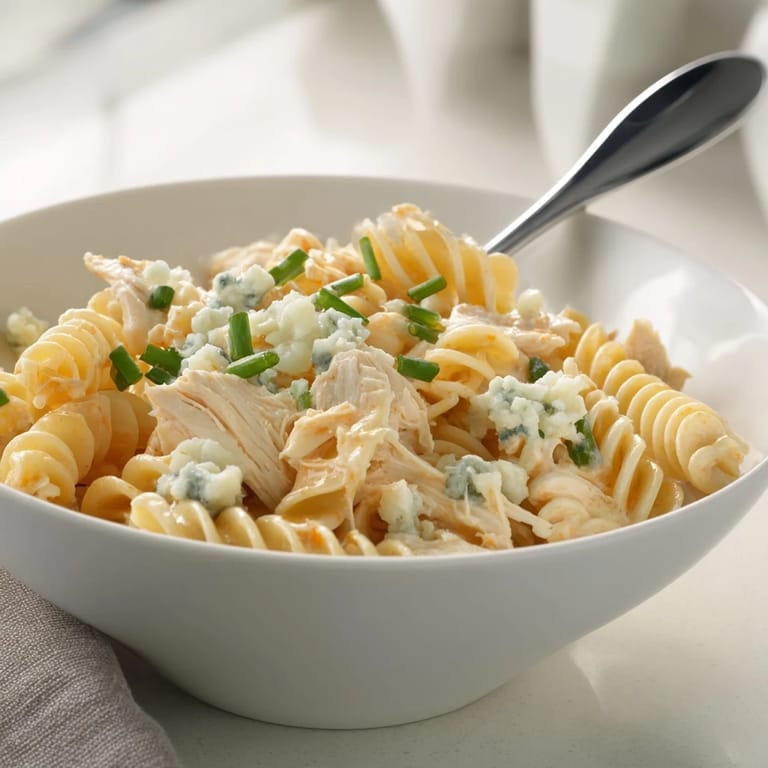 Steaming skillet of Buffalo Chicken Pasta featuring al dente penne coated in a rich, cheesy buffalo cream sauce.