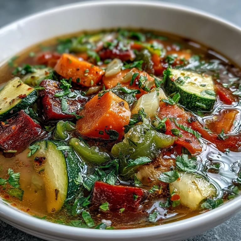 A warm bowl of Rainbow Vegetable Detox Soup, perfect for a nourishing and vibrant meal.