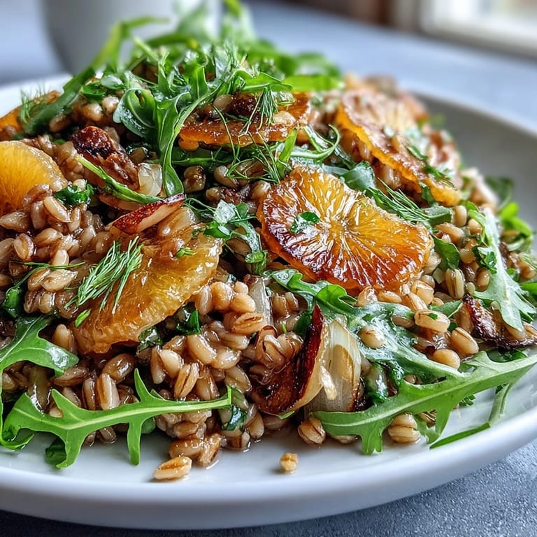 Delicious farro salad, fennel, oranges, and toasted almonds await your fork.