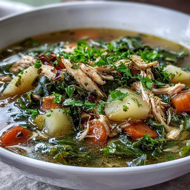 Close-up of Collard Greens, Chicken and Vegetable Soup, with chunks of carrots, celery, and fresh parsley garnish on a rustic wooden table.
