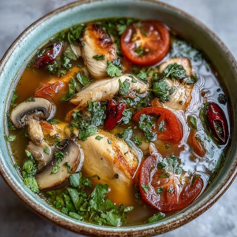 Tom Yum Chicken soup in a rustic bowl, featuring tender chicken pieces, mushrooms, and vibrant herbs.  