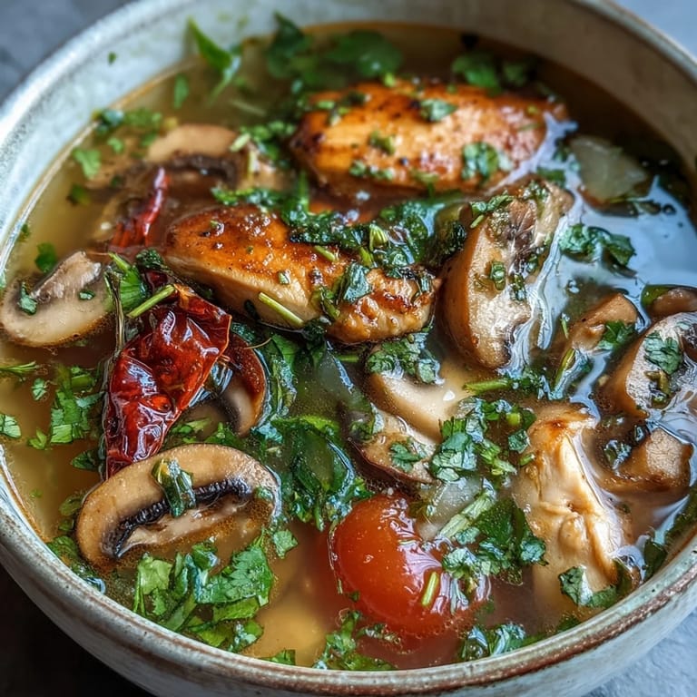 Spicy and sour Tom Yum Chicken soup with aromatic lemongrass, galangal, and chili garnish.