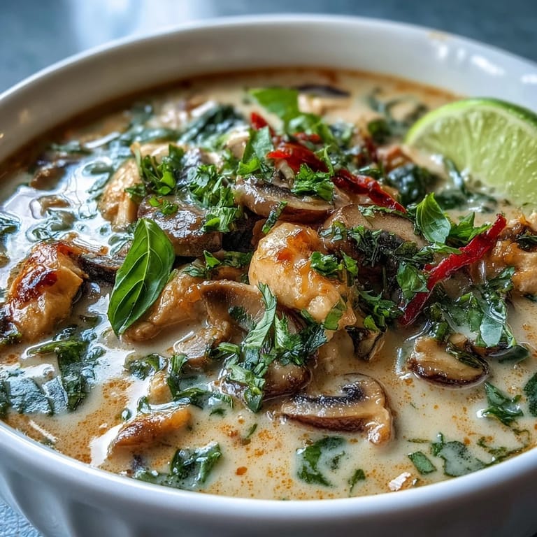 Spoon lifting a serving of Thai Chicken Coconut Curry Soup, with Thai basil and red chili garnishes.
