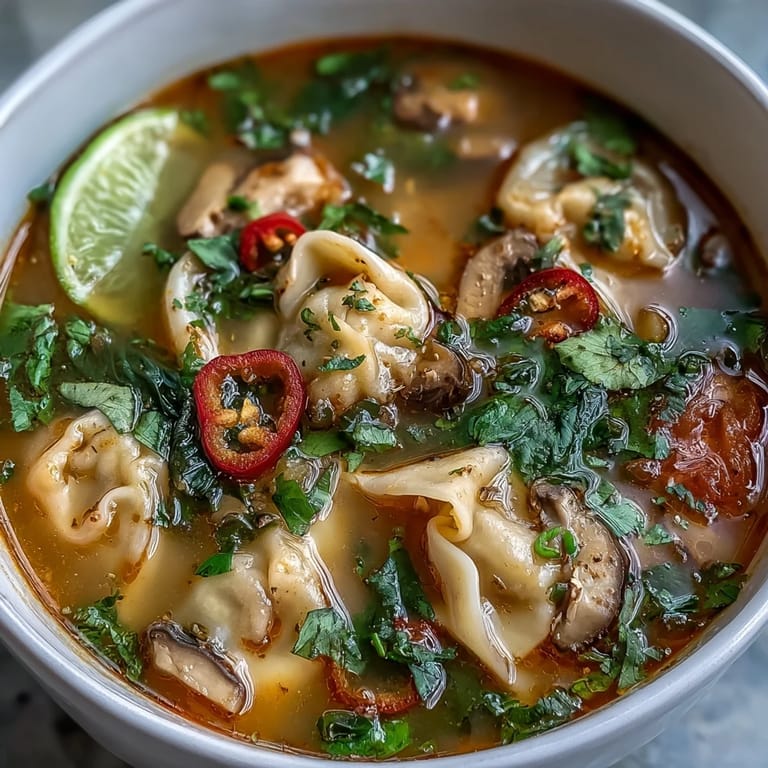 Steaming bowls of Tom Yum Wonton Soup feature plump dumplings, mushrooms, and baby bok choy in a tangy broth.