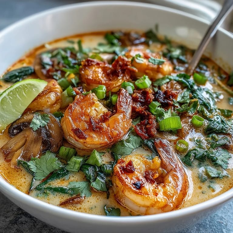 Thai Coconut Shrimp Soup simmering in a pot with coconut milk, red curry paste, mushrooms, and shrimp.  