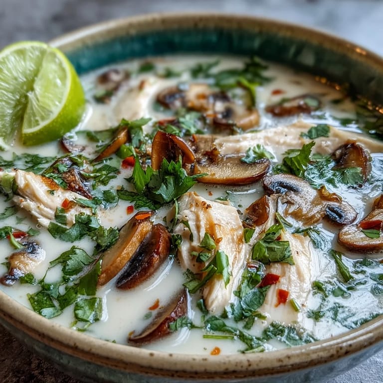 Creamy Authentic Tom Kha Gai served in a white bowl with lime wedges and Thai chilies nearby.