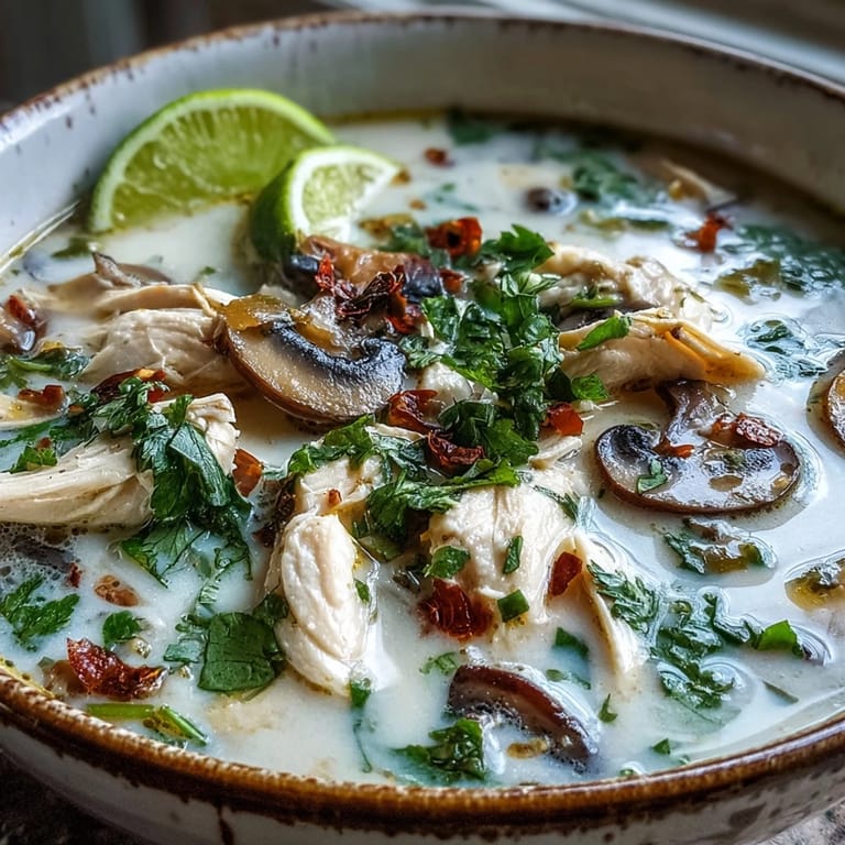 Aromatic Authentic Tom Kha Gai soup simmering in a pot with galangal and lemongrass visible.