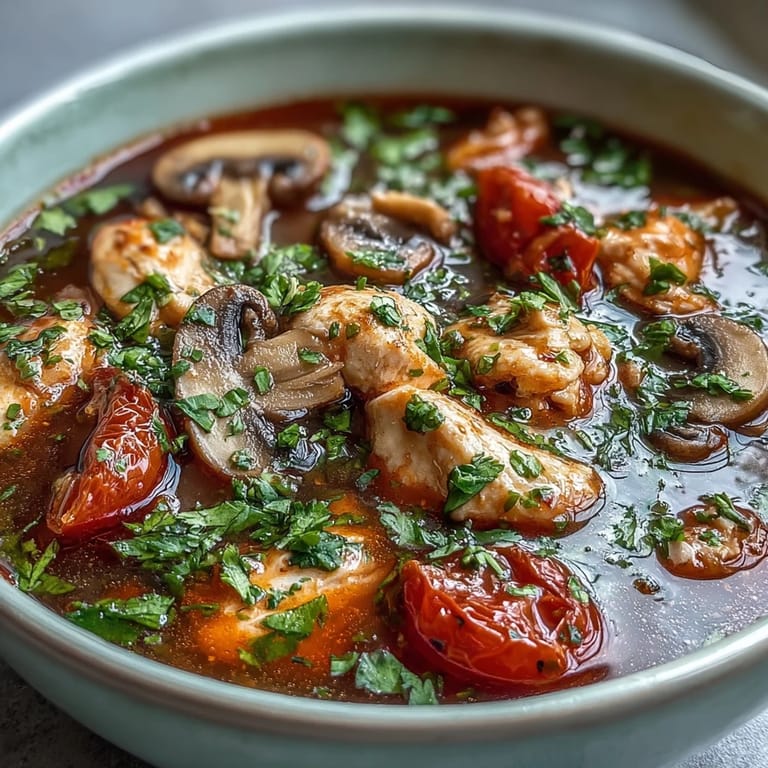 Close-up of Tom Yum Gai, highlighting sliced chicken, mushrooms, and tomatoes, steam rising from the bold Thai soup.
