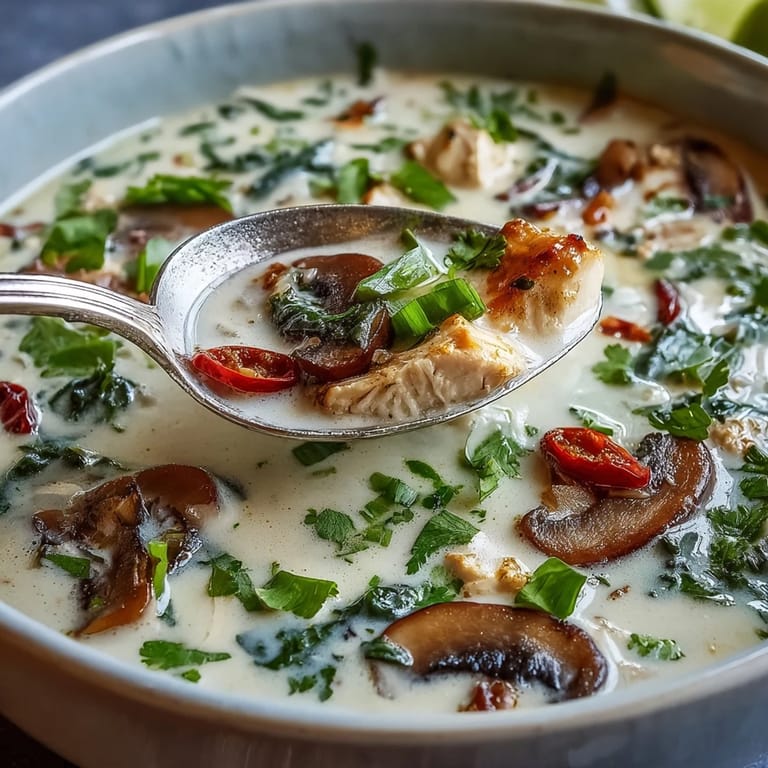 Fresh lime wedges and cilantro garnish this spicy, fragrant Thai soup served in a white bowl.