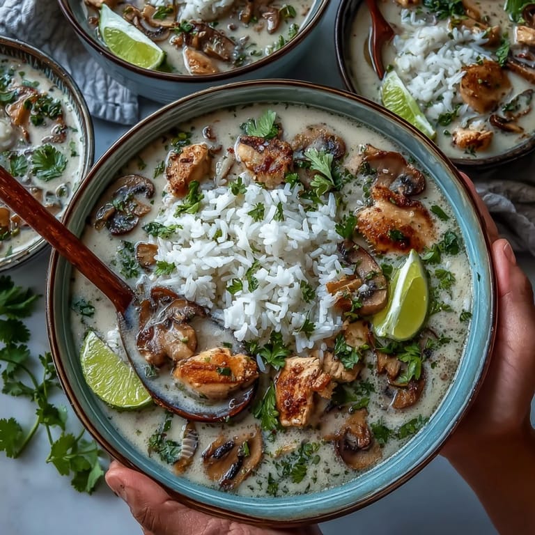 A bowl of authentic Tom Kha Soup garnished with fresh cilantro and lime wedges.