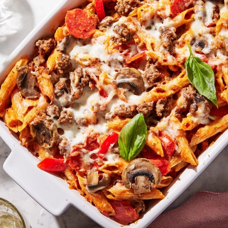 Baked golden cheese crust tops the High Protein Italian Beef and Pasta Bake, revealing chunks of vegetables and al dente whole wheat penne in a robust, pizza-inspired tomato sauce.