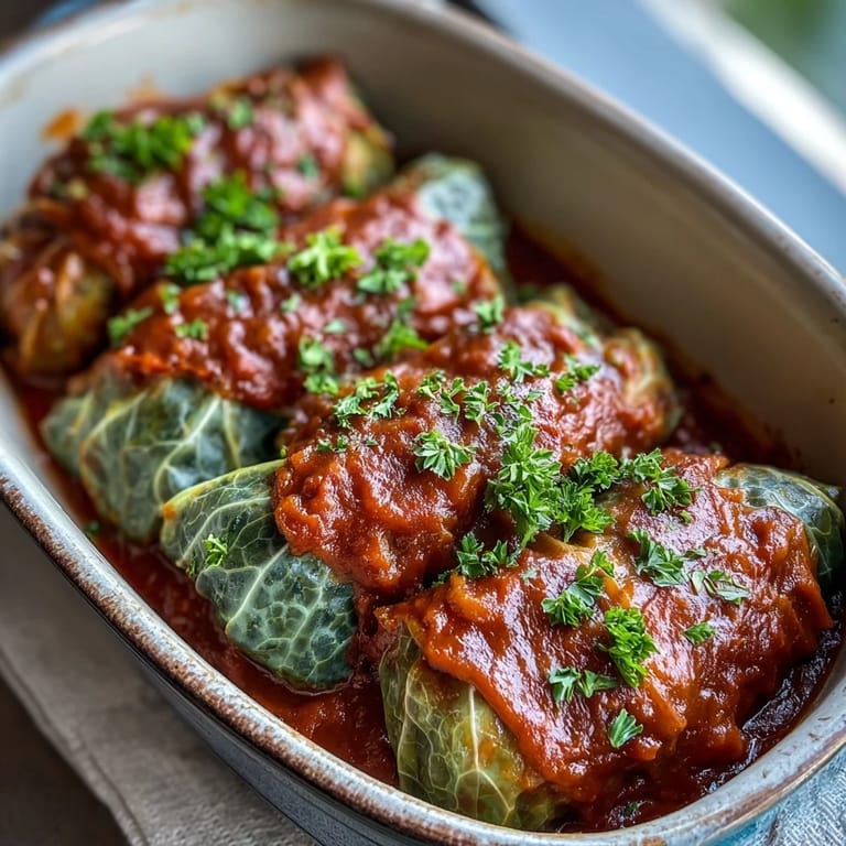 Soft green cabbage leaves stuffed with hearty lentils and brown rice in Baked Vegan Cabbage Rolls.