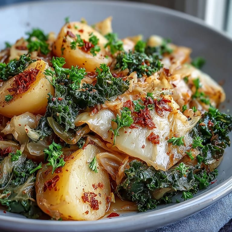 Tender cabbage and Yukon Gold potatoes braised with chili, garnished with parsley and lemon on a rustic table.