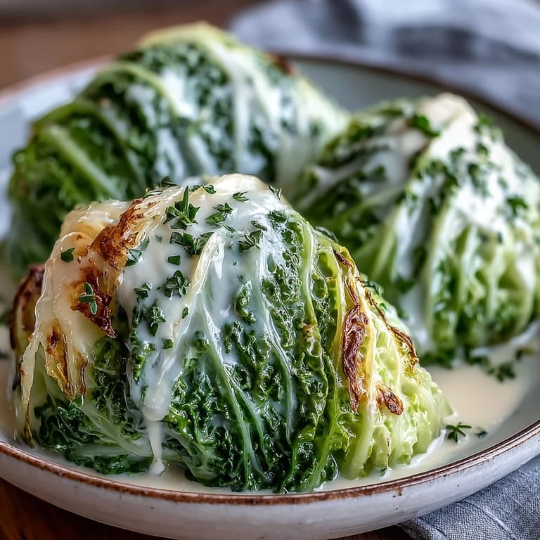 Close-up of Herby Cabbage in Parmesan Broth, showcasing golden cabbage wedges steeped in a rich, aromatic vegetable broth.