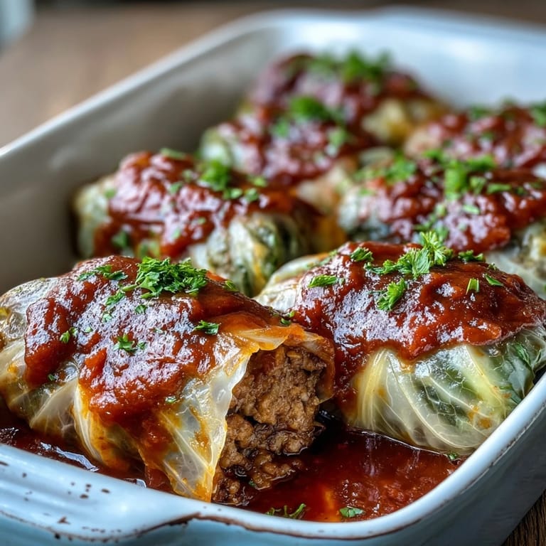 Tender Cabbage Rolls with a rustic tomato glaze, ready to serve with a dollop of sour cream.