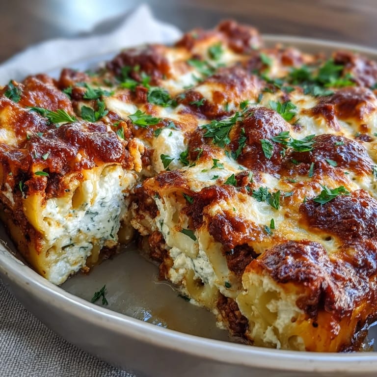 Golden, bubbling mozzarella blankets a hearty scoop of Cottage Cheese Protein Pasta Bake with Ground Beef on a ceramic plate.
