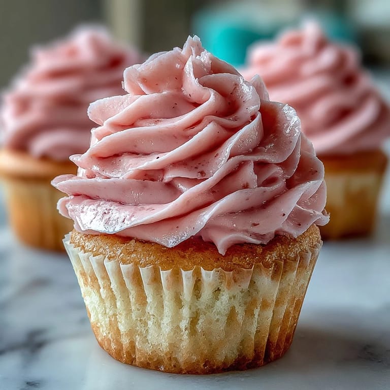 Tender, blush-pink cupcakes crowned with swirls of fluffy vanilla buttercream frosting, ready to serve on a marble slab.