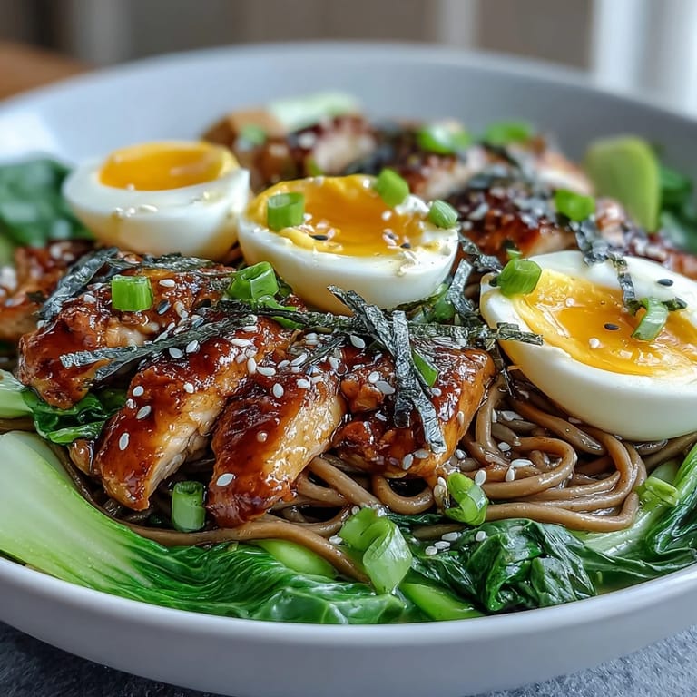 Healthy Miso Chicken Noodle Bowls topped with halved soft-boiled eggs, sesame seeds, and scallions, with a side of chili oil for added heat.