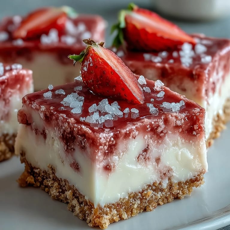 Close-up of No-Bake Strawberry Fudge Squares with a drizzle of white chocolate and fresh strawberry slices for garnish.