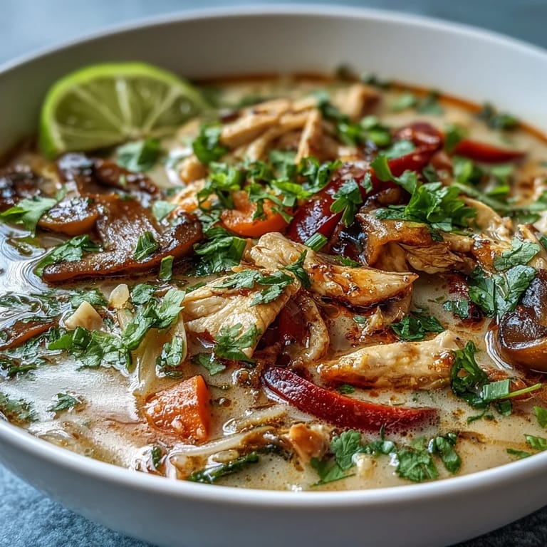 A close-up of Thai Coconut Curry Soup Bowl garnished with cilantro and red chili slices, served alongside lime wedges and jasmine rice.