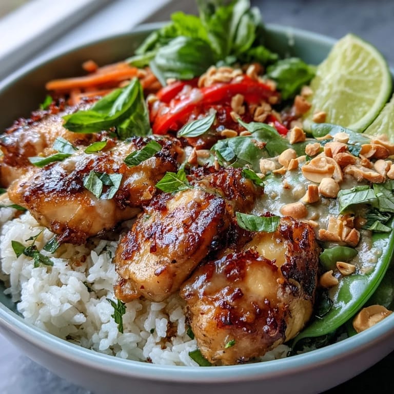 A steaming bowl of Thai Chicken Coconut Bowl with glistening chicken, crisp red bell peppers, and snap peas atop fluffy coconut rice.