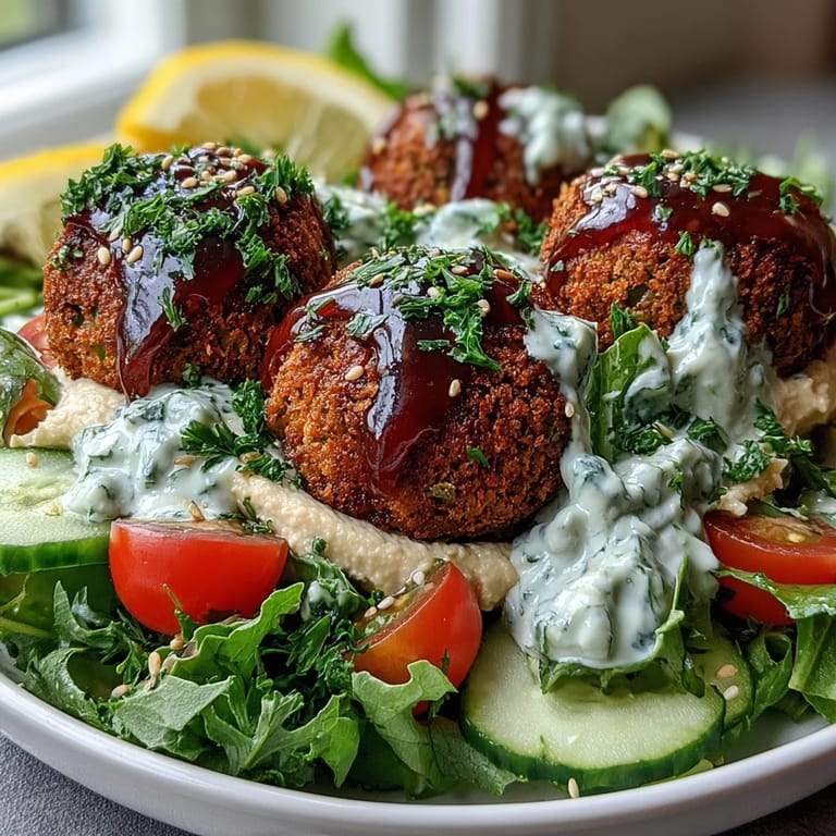 Bright Mediterranean falafel bowl garnished with parsley and sesame seeds, featuring cherry tomatoes, cucumber, and red onion over a bed of mixed greens with lemon wedges.