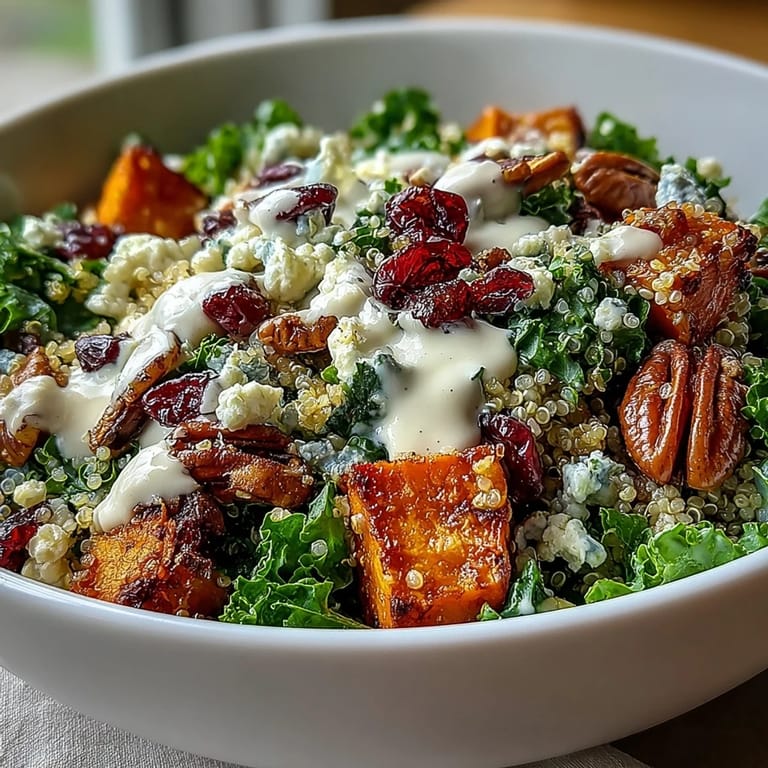 A close-up of a vibrant Harvest Kale Quinoa Bowl featuring dried cranberries, drizzled with creamy lemon tahini dressing for a healthy vegetarian meal.