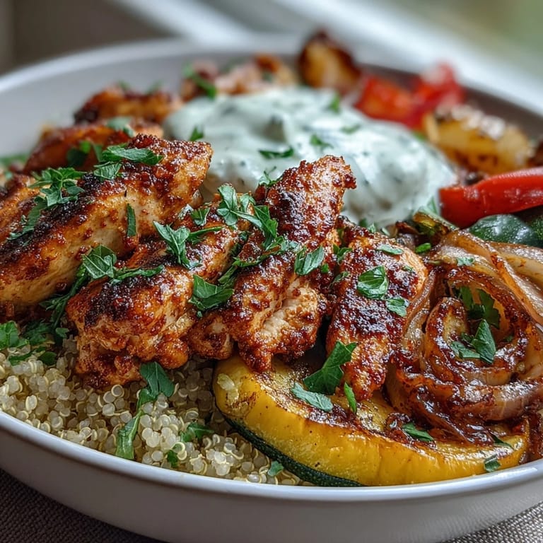 A hearty paprika herb chicken roasted vegetable quinoa bowl topped with fresh parsley and a dollop of creamy Greek yogurt.
