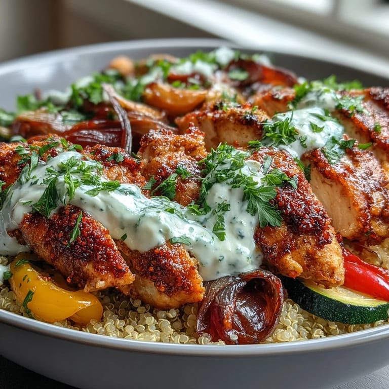 Close up of a delicious paprika herb chicken quinoa bowl garnished with lemon wedges for a bright, citrusy finish.