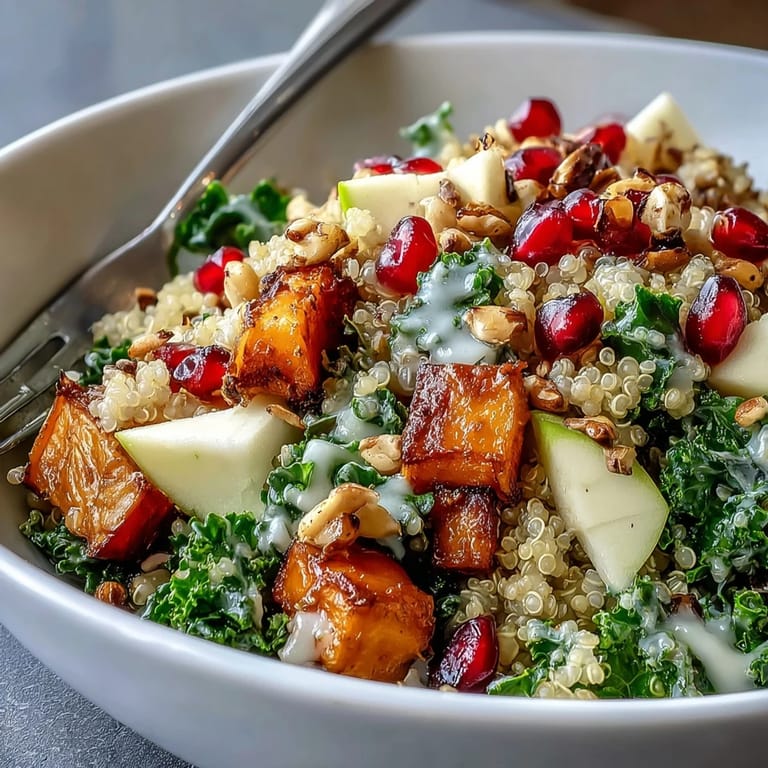 Golden roasted sweet potatoes and pepitas add crunchy texture to this hearty Kale Harvest Grain Bowl, perfect for a healthy lunch.