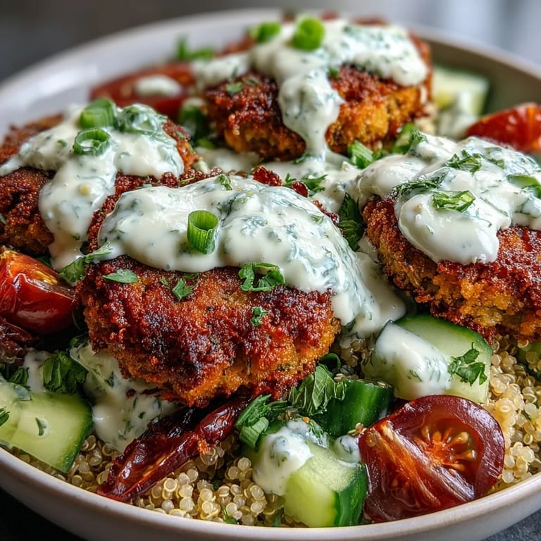 Crisp falafel balls and fresh vegetables are drizzled with creamy garlic tahini sauce in this wholesome Falafel Quinoa Salad Bowl.