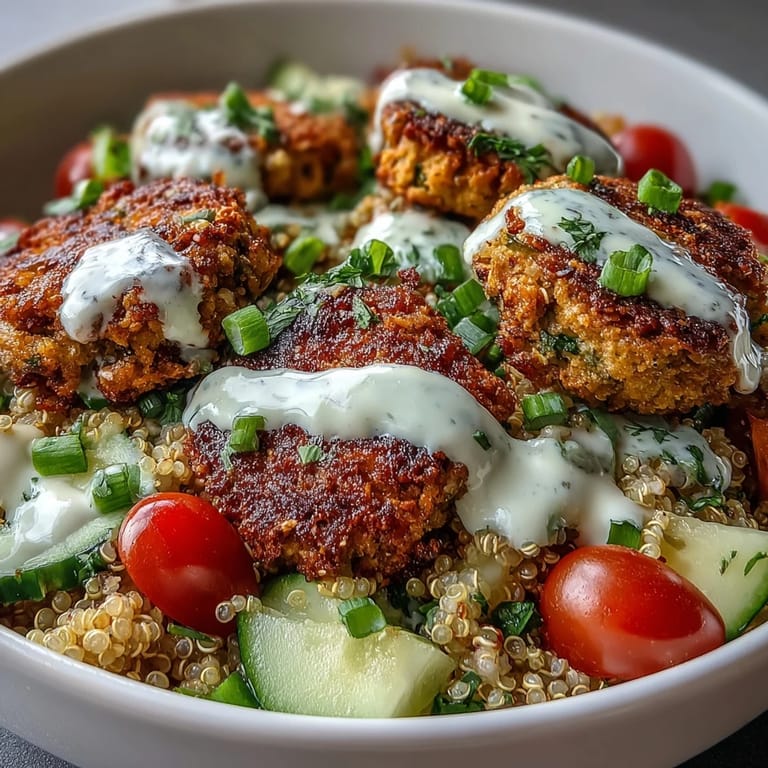 A nutritious, vegetarian Falafel Quinoa Salad Bowl with green onions and a drizzle of tangy tahini dressing, ready to serve.