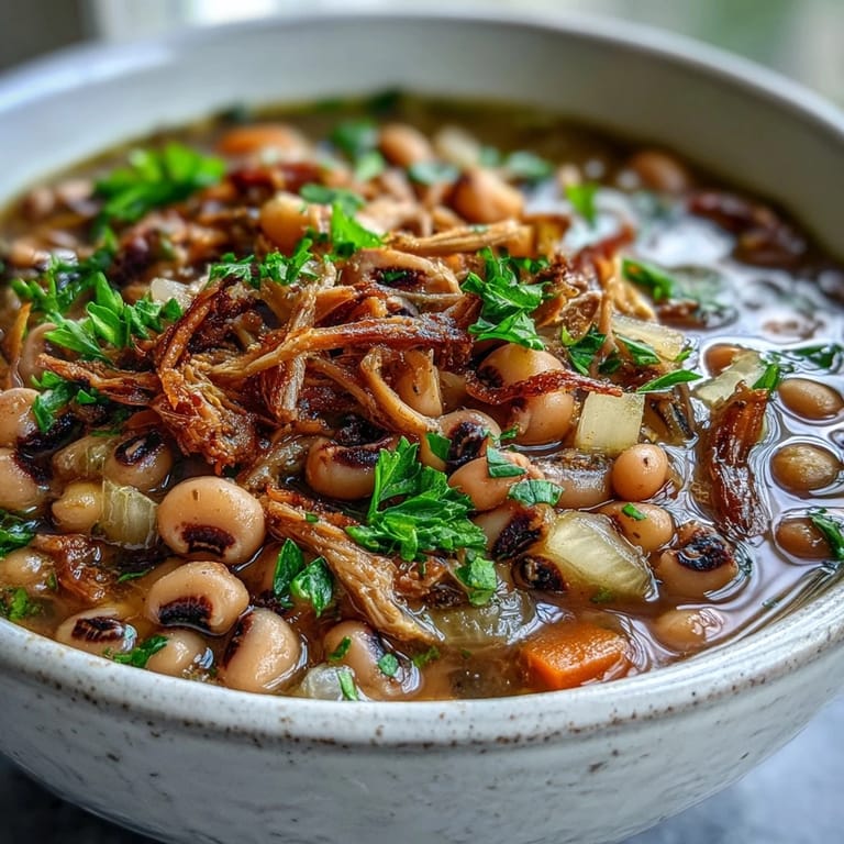 A rustic bowl of Black-Eyed Peas With Smoked Turkey served over steaming white rice, with a side of warm cornbread.