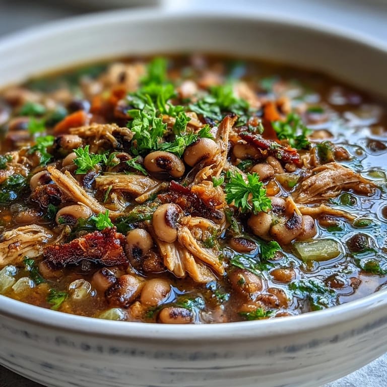 Black-Eyed Peas With Smoked Turkey ready to eat, with shredded turkey meat, fresh parsley, and a dash of hot sauce.