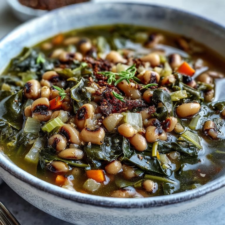 Tender black-eyed peas and simmered collard greens in a rich, smoky broth, ready to be served with hot sauce.
