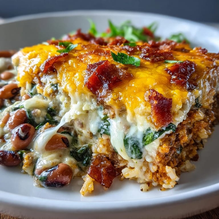 Fresh spinach and smoky bacon pieces peek through melted cheese on this Tex Mex Black Eyed Pea Casserole.