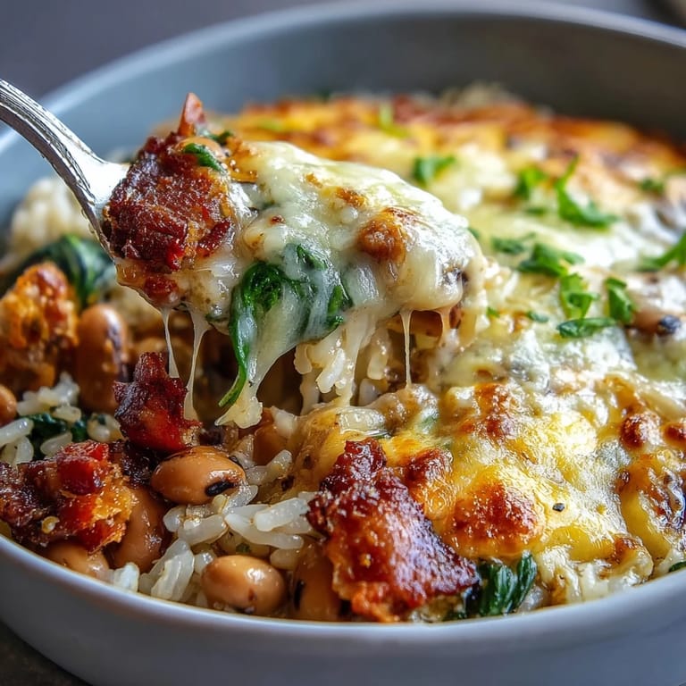 A spoon lifts a cheesy serving of Tex Mex Black Eyed Pea Casserole from the baking dish, revealing rice and peas.