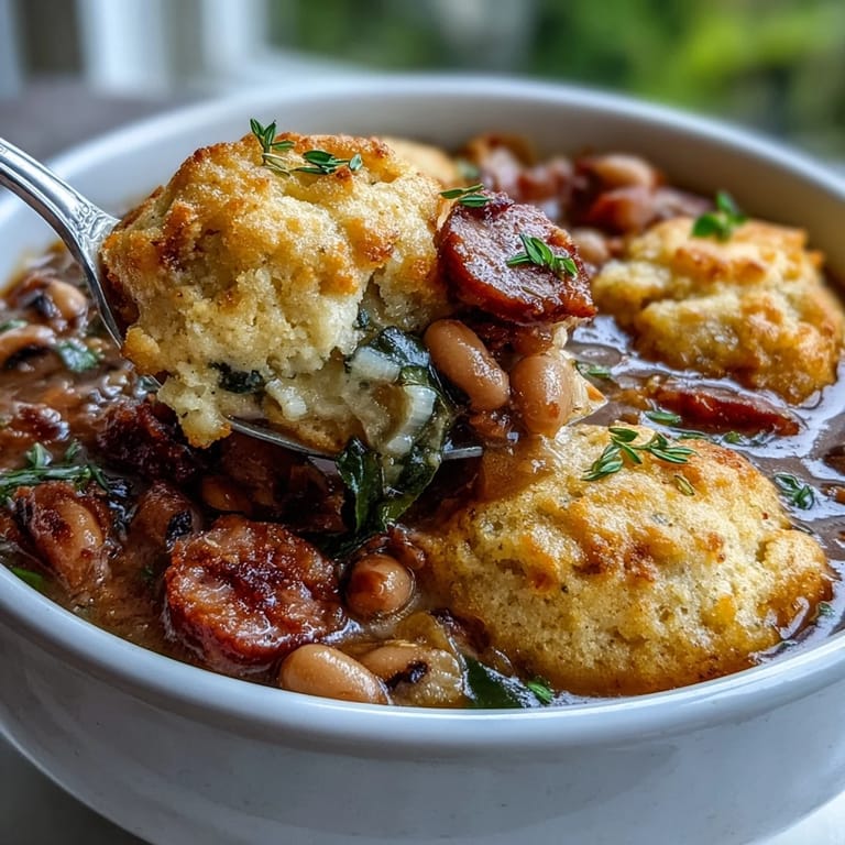 Homemade Black-Eyed Peas and Sausage Dumplings served warm in a rustic pot, perfect for a comforting Southern family dinner.