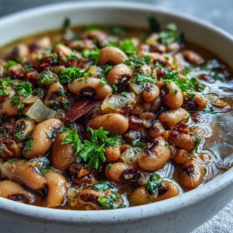 Tender black-eyed peas with smoky paprika, garlic, and onions topped with fresh parsley, steaming beside golden cornbread on a cozy dinner table.