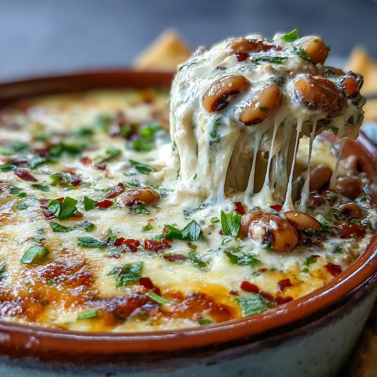 Hot Black-Eyed Pea Dip garnished with green onions and red bell peppers, ready to serve.