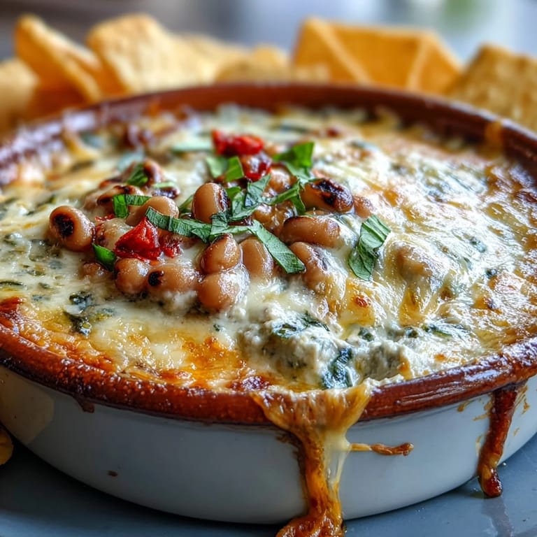 Freshly baked Hot Black-Eyed Pea Dip served warm with crispy tortilla chips for dipping.