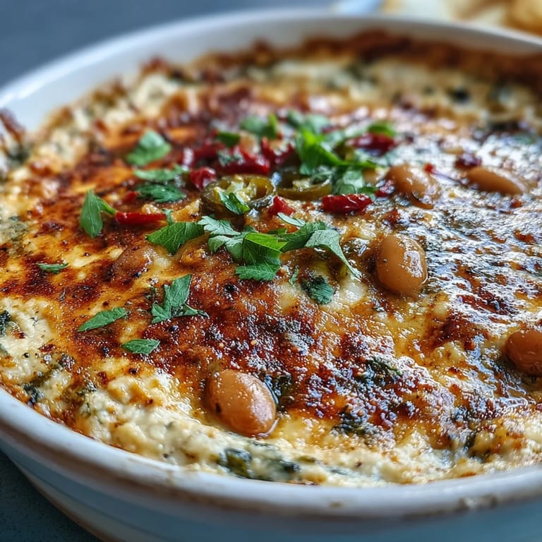 A bubbling Hot Black-Eyed Pea Dip with Jalapeño and Cumin fresh from the oven, featuring a golden, cheesy crust and red onion garnish.