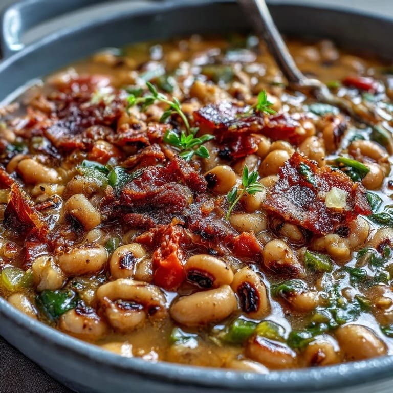 Dutch oven filled with Big Pot of Texas Black-Eyed Peas, featuring tender legumes in a rich, spicy broth with visible Rotel tomatoes.