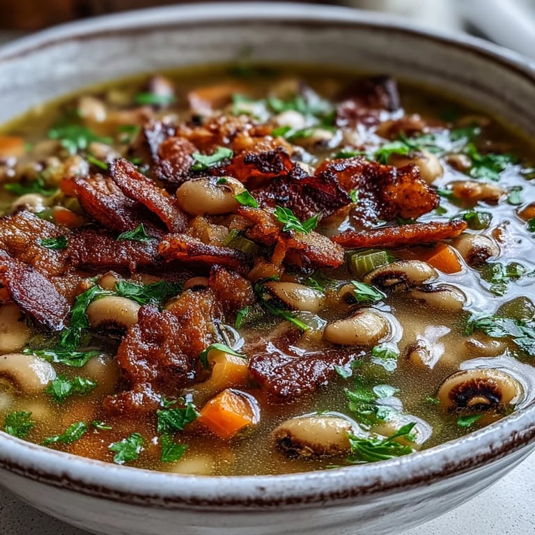 A hearty bowl of Black-Eyed Peas and Bacon Soup served with a side of golden cornbread on a wooden table.